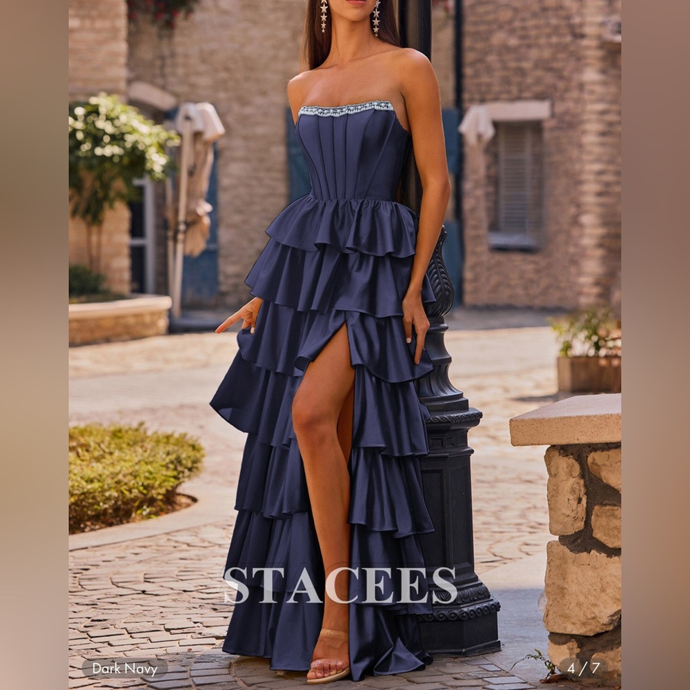 Blue Strapless Tiered Gown with Slit